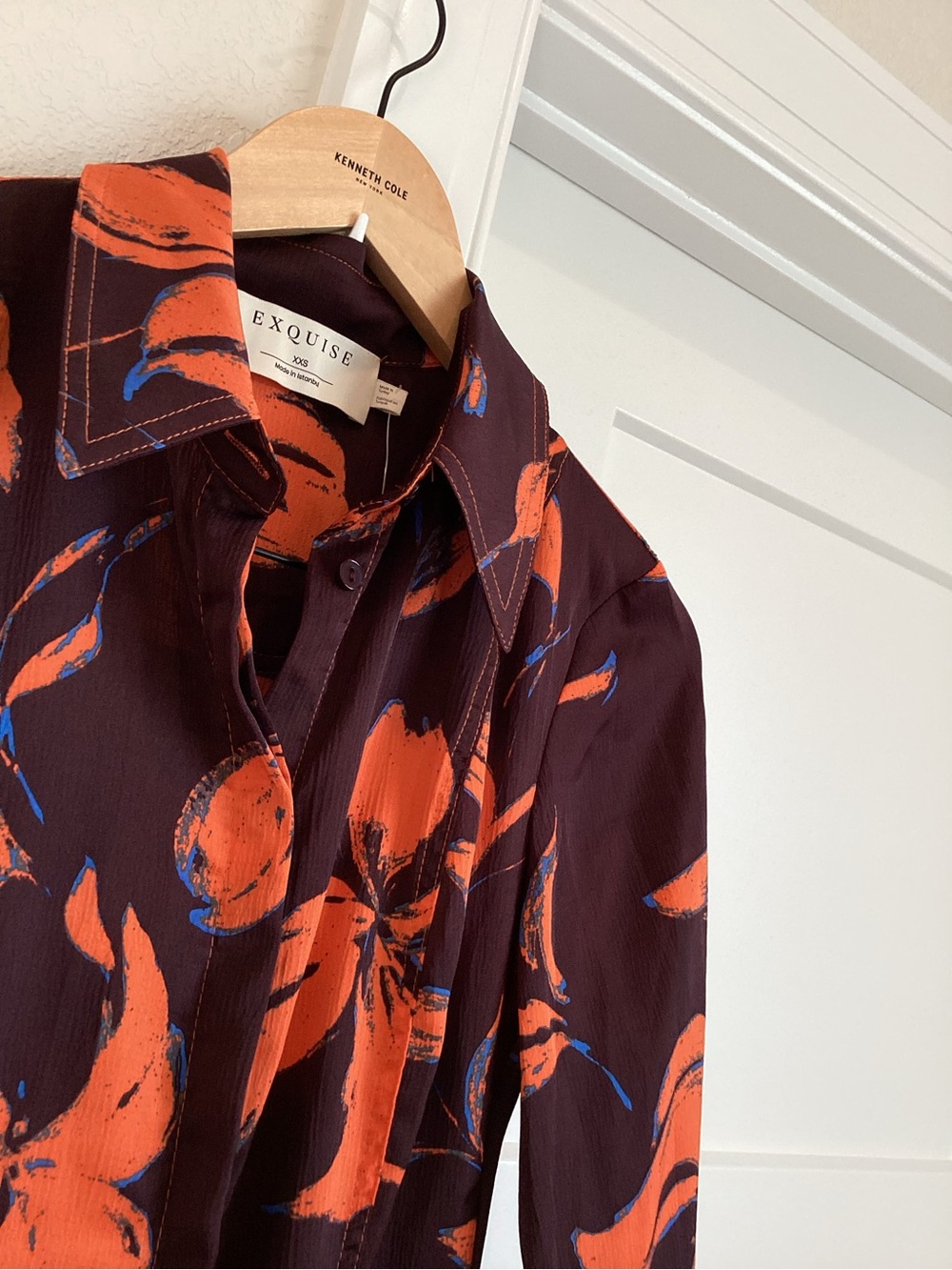 Exquise Long Sleeve Satin Shirt Dress Button Front New XXS Purple Orange Floral - Picture 6 of 13